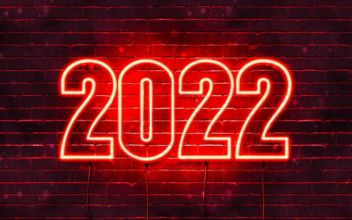 2022 cifre al neon rosse, 4k, Felice Anno Nuovo 2022, muro di mattoni rossi, testo orizzontale, 2022 concetti, fili, 2022 anno nuovo, 2022 su sfondo rosso, 2022 cifre dell&#39;anno