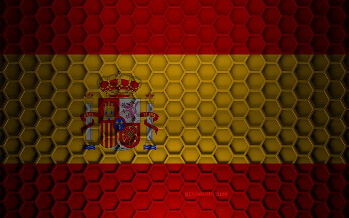Spain flag, 3d hexagons texture, Spain, 3d texture, Spain 3d flag, metal texture, flag of Spain