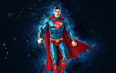 Superman, 4k, luzes de n&#233;on azuis, Fortnite Battle Royale, Personagens Fortnite, Superman Skin, Fortnite, Superman Fortnite