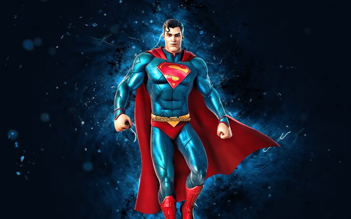 Superman, 4k, bl&#229; neonljus, Fortnite Battle Royale, Fortnite -karakt&#228;rer, Superman Skin, Fortnite, Superman Fortnite