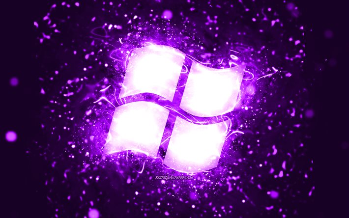 Windows violett logotyp, 4k, violett neonljus, kreativ, violett abstrakt bakgrund, Windows -logotyp, OS, Windows