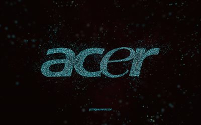 acer glitzer-logo, 4k, schwarzer hintergrund, acer-logo, hellblaue glitzerkunst, acer, kreative kunst, acer hellblaues glitzerlogo