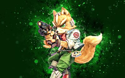 Fox McCloud, 4k, luzes de n&#233;on verdes, protagonista, s&#233;rie Star Fox, Foxie, Star Fox, Fox McCloud Jr, Fox McCloud Death Battle