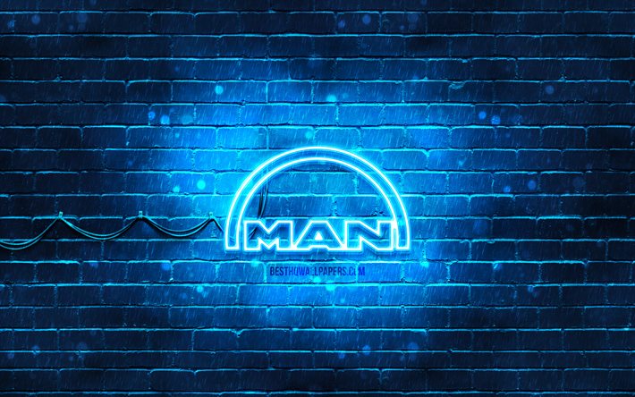 MAN blue logo, 4k, blue brickwall, MAN logo, brands, MAN neon logo, MAN