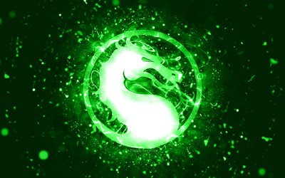 Mortal Kombat green logo, 4k, green neon lights, creative, green abstract background, Mortal Kombat logo, online games, Mortal Kombat