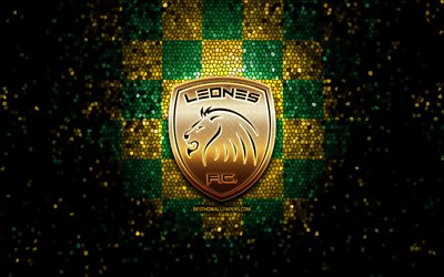 Itagui Leones FC, glitter logo, Categoria Primera A, green yellow checkered background, soccer, colombian football club, Itagui Leones logo, mosaic art, football, Itagui Leones, Colombian football league