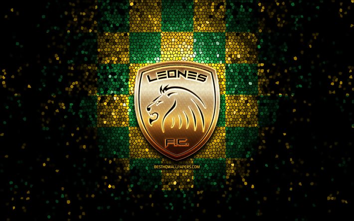 Itagui Leones FC, logotipo brilhante, Categoria Primera A, fundo verde amarelo xadrez, futebol, clube de futebol colombiano, logotipo Itagui Leones, arte em mosaico, Itagui Leones, liga colombiana de futebol