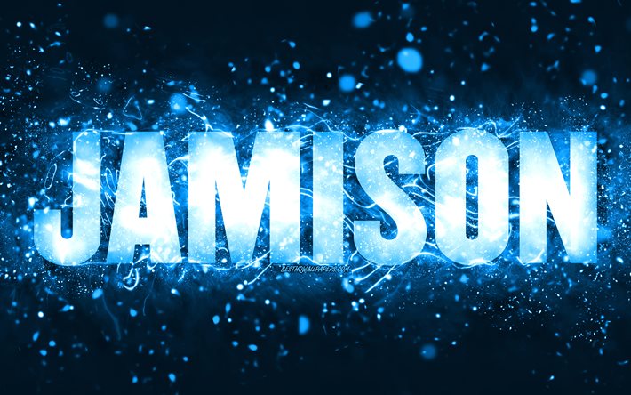 Buon Compleanno Jamison, 4k, luci al neon blu, nome Jamison, creativo, Jamison Buon Compleanno, Compleanno Jamison, nomi maschili americani popolari, foto con nome Jamison, Jamison