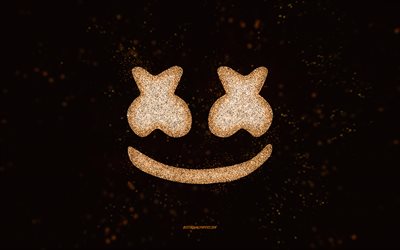 Marshmello glitter -logo, 4k, musta tausta, Marshmello -logo, kultainen glitter -taide, Marshmello, luova taide, Marshmello kultainen glitter -logo