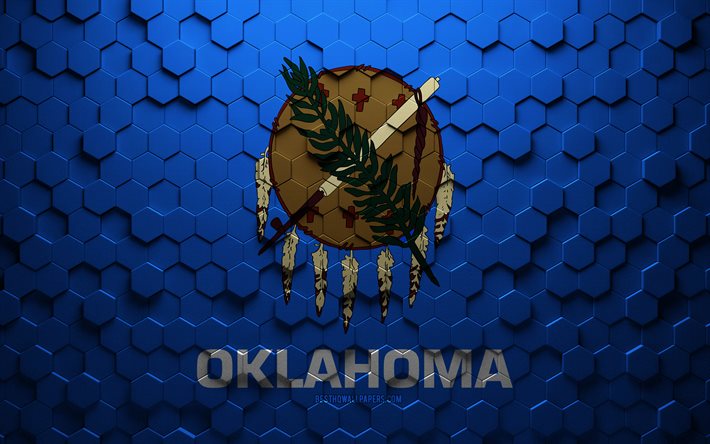 Bandiera dell&#39;Oklahoma, arte a nido d&#39;ape, bandiera di esagoni dell&#39;Oklahoma, Oklahoma, arte di esagoni 3d, bandiera dell&#39;Oklahoma