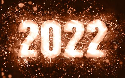 4k, bonne ann&#233;e 2022, n&#233;ons marron, concepts 2022, nouvel an 2022, 2022 sur fond marron, chiffres de l&#39;ann&#233;e 2022, chiffres marron 2022