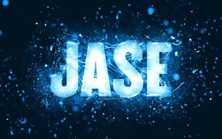 Joyeux anniversaire Jase, 4k, n&#233;ons bleus, nom Jase, cr&#233;atif, Jase joyeux anniversaire, Jase anniversaire, noms masculins am&#233;ricains populaires, photo avec le nom Jase, Jase