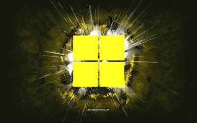 Windows 11 -logotyp, grungekonst, Windows, gul stenbakgrund, Windows 11 gul logotyp, Windows 11, kreativ konst, Windows 11 grungelogotyp, Windows -logotyp