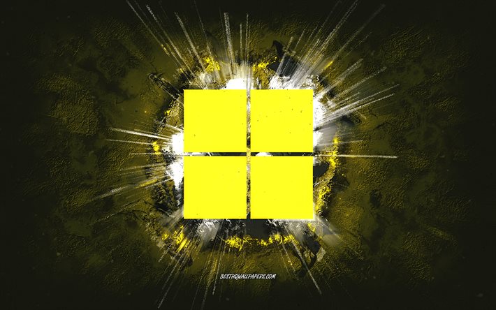 Windows11のロゴ, グランジアート, Windows, 黄色い石の背景, Windows11の黄色のロゴ, Windows 11, クリエイティブアート, Windows11グランジロゴ, Windowsロゴ