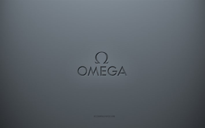 Logo Omega, sfondo creativo grigio, emblema Omega, trama di carta grigia, Omega, sfondo grigio, logo Omega 3d