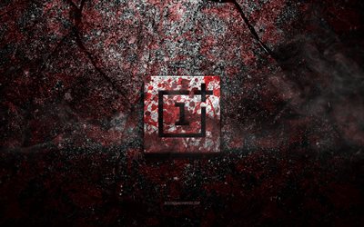 Logotipo OnePlus, arte grunge, logotipo de pedra OnePlus, textura de pedra vermelha, OnePlus, textura de pedra grunge, emblema OnePlus, logotipo OnePlus 3d
