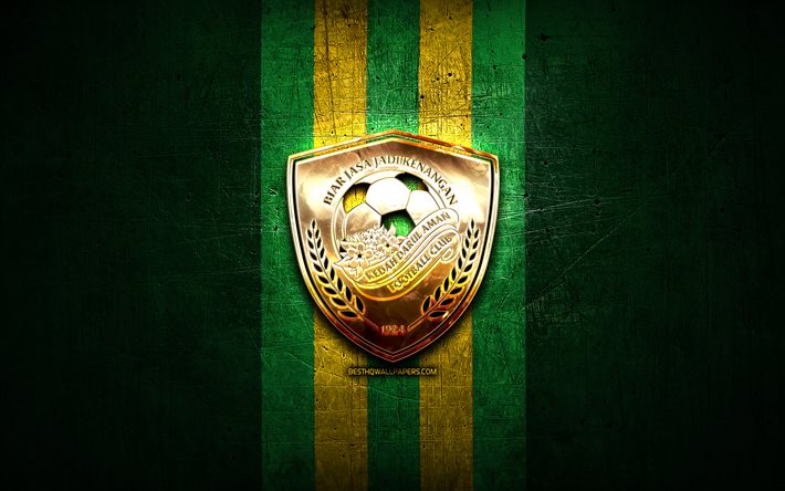 ケダFC, 金色のロゴ, マレーシアスーパーリーグ, 緑の金属の背景, フットボール。, マレーシアのサッカークラブ, ケダFCロゴ, サッカー, ケダダルルアマンFC