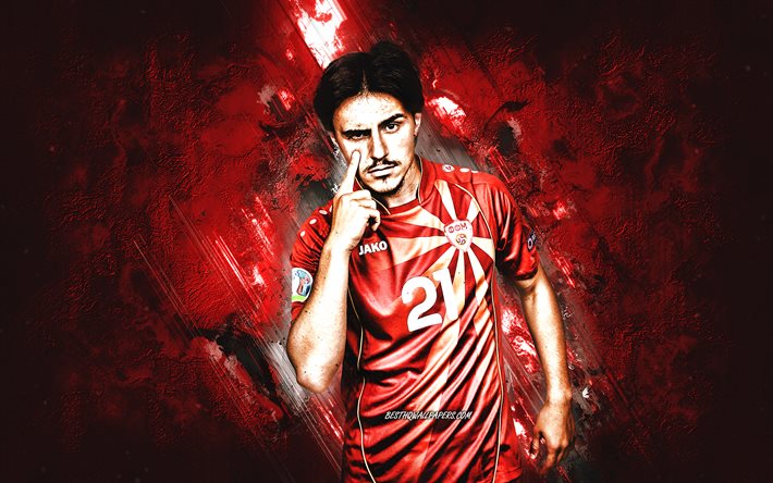 Eljif Elmas, Pohjois -Makedonian jalkapallomaajoukkue, Makedonian jalkapalloilija, punainen kivi tausta, jalkapallo, grunge art