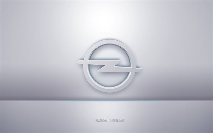 Logotipo 3D branco da Opel, plano de fundo cinza, logotipo da Opel, arte criativa em 3D, Opel, emblema em 3D