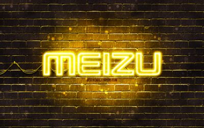 Meizuイエローのロゴ, 4k, 黄色のレンガの壁, Meizuのロゴ, お, Meizuネオンロゴ, Meizu
