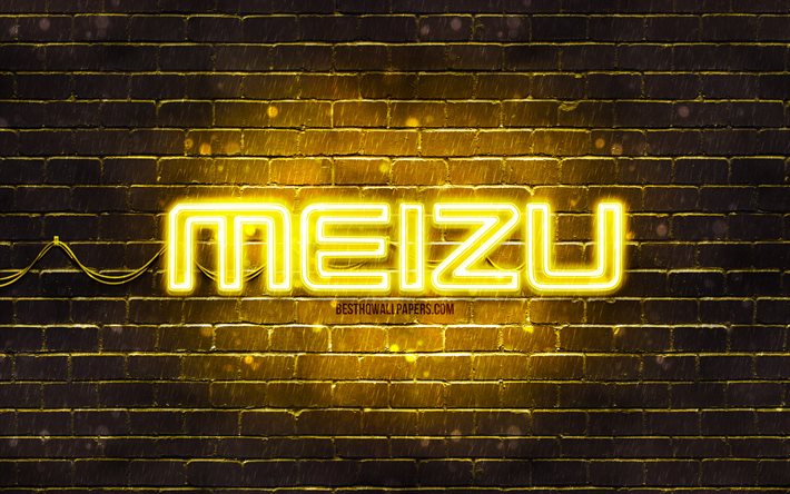 Logotipo amarelo Meizu, 4k, parede de tijolos amarela, logotipo Meizu, marcas, logotipo n&#233;on Meizu, Meizu