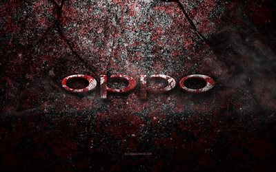 Logo d&#39;Oppo, art grunge, logo de pierre d&#39;Oppo, texture de pierre rouge, Oppo, texture de pierre de grunge, embl&#232;me d&#39;Oppo, logo 3d d&#39;Oppo