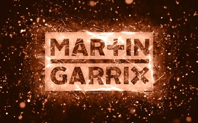 Martin Garrix logo marrone, 4k, DJ olandesi, luci al neon marroni, creativo, sfondo marrone astratto, Martijn Gerard Garritsen, logo Martin Garrix, star della musica, Martin Garrix
