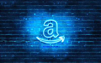 Logo bleu Amazon, 4k, mur de briques bleu, logo Amazon, marques, logo n&#233;on Amazon, Amazon
