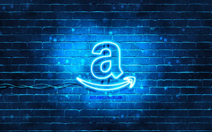 Logotipo azul da Amazon, 4k, parede de tijolos azul, logotipo da Amazon, marcas, logotipo de n&#233;on da Amazon, Amazon