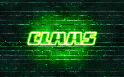 Claas green logo, 4k, green brickwall, Claas logo, brands, Claas neon logo, Claas