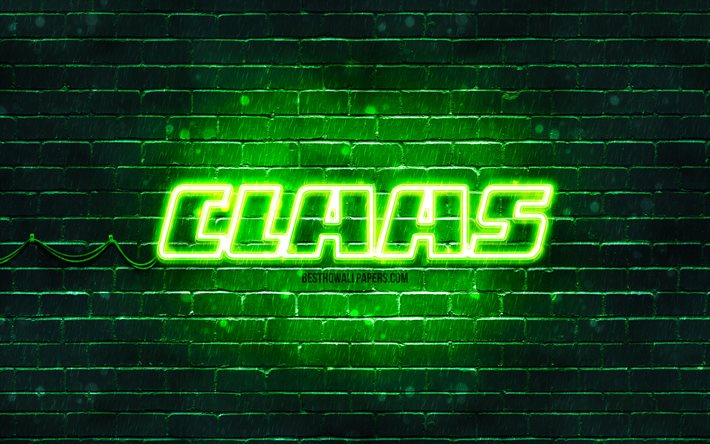 Claas vihre&#228; logo, 4k, vihre&#228; tiilisein&#228;, Claas -logo, tuotemerkit, Claas neonlogo, Claas