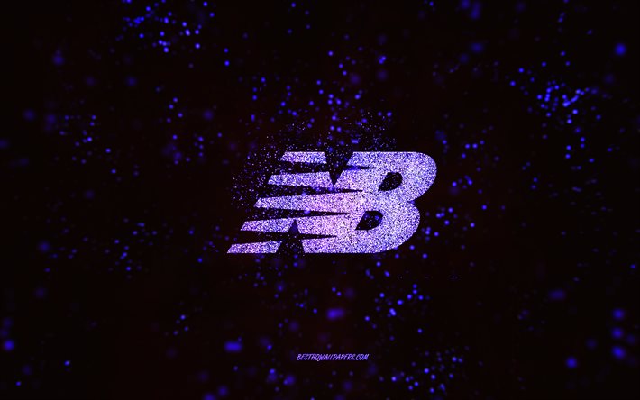 New Balance glitter logo, 4k, black background, New Balance logo, purple glitter art, New Balance, creative art, New Balance purple glitter logo