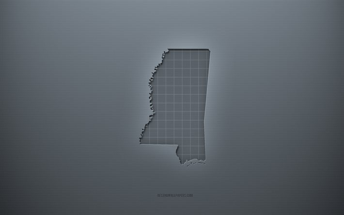 Carte du Mississippi, arri&#232;re-plan cr&#233;atif gris, Mississippi, &#201;tats-Unis, texture du papier gris, &#201;tats am&#233;ricains, silhouette de la carte du Mississippi, carte du Mississippi, fond gris, carte 3d du Mississippi