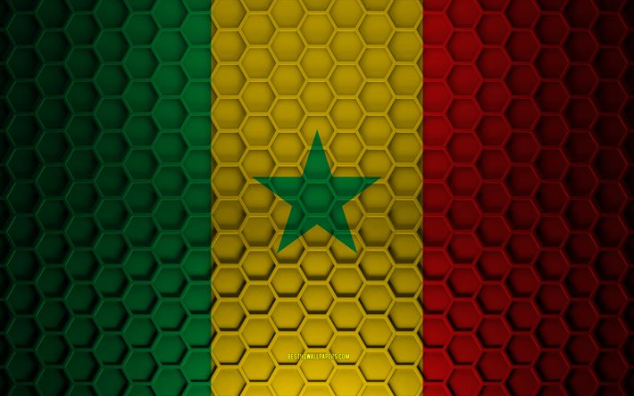 Drapeau du S&#233;n&#233;gal, texture des hexagones 3d, S&#233;n&#233;gal, texture 3d, drapeau du S&#233;n&#233;gal 3d, texture en m&#233;tal, drapeau du S&#233;n&#233;gal