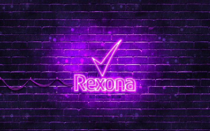 Logo violet Rexona, 4k, mur de briques violet, logo Rexona, marques, logo n&#233;on Rexona, Rexona