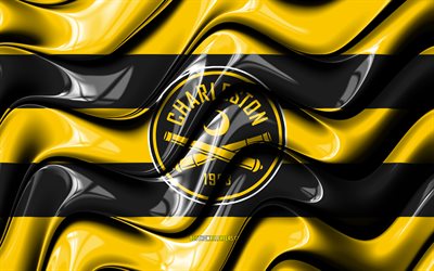 Charleston Battery flag, 4k, yellow and black 3D waves, USL, american soccer team, Charleston Battery logo, football, soccer, Charleston Battery FC