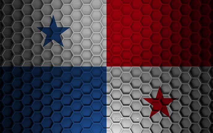 Drapeau Panama, texture hexagones 3d, Panama, texture 3d, drapeau Panama 3d, texture en m&#233;tal, drapeau du Panama