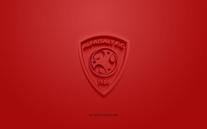 Al Faisaly FC, kreativ 3D -logotyp, r&#246;d bakgrund, SPL, Saudiarabisk fotbollsklubb, Saudi Professional League, Harmah City, Saudiarabien, 3d -konst, fotboll, Al Faisaly FC 3d -logotyp