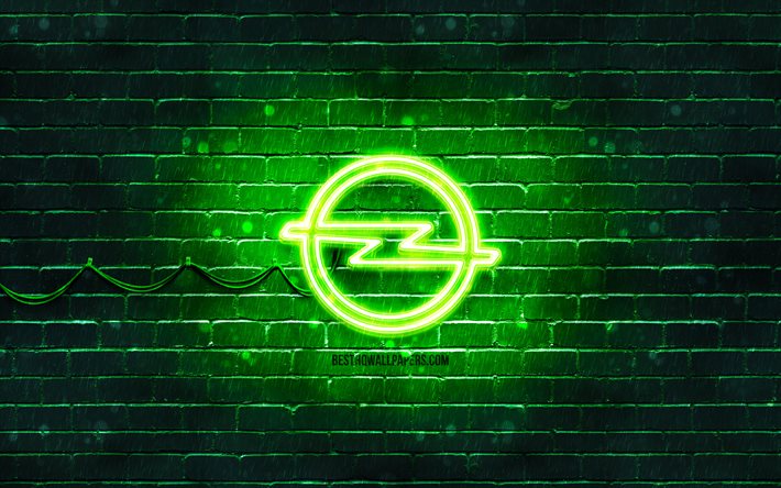 Opel yeşil logosu, 4k, yeşil brickwall, Opel logosu, otomobil markaları, Opel neon logosu, Opel