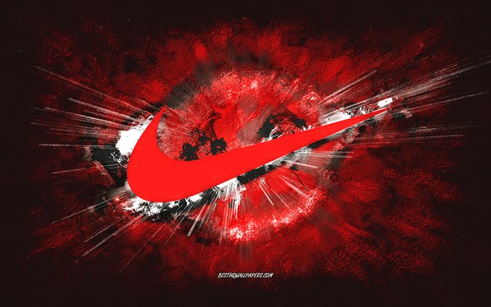 Logo Nike, art grunge, fond de pierre rouge, logo rouge Nike, Nike, art cr&#233;atif, logo Nike grunge