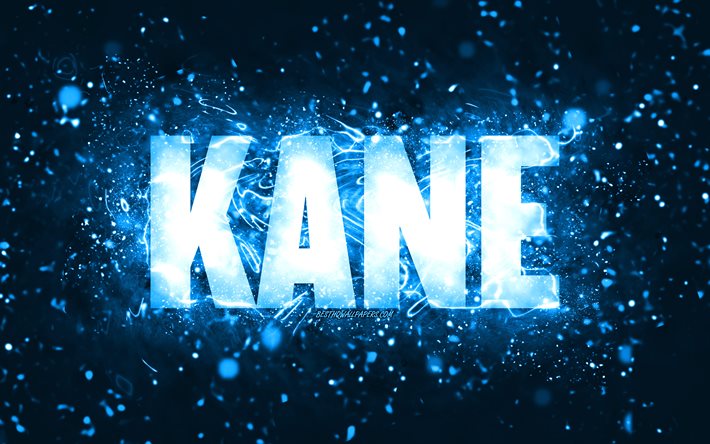 Feliz anivers&#225;rio, Kane, 4k, luzes de n&#233;on azuis, nome de Kane, criativo, Feliz anivers&#225;rio de Kane, Anivers&#225;rio de Kane, nomes masculinos americanos populares, foto com o nome de Kane