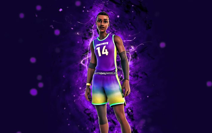 Dynamo Dribbler, 4k, violet neon lights, Fortnite Battle Royale, Fortnite characters, Dynamo Dribbler Skin, Fortnite, Dynamo Dribbler Fortnite