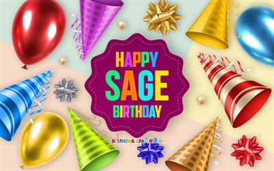 Happy Birthday Sage, 4k, Birthday Balloon Background, Sage, creative art, Happy Sage birthday, silk bows, Sage Birthday, Birthday Party Background