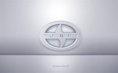 Scion 3d white logo, gray background, Scion logo, creative 3d art, Scion, 3d emblem