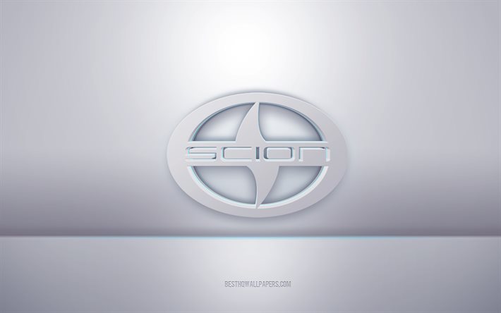 Scion 3d beyaz logo, gri arka plan, Scion logosu, yaratıcı 3d sanat, Scion, 3d amblem
