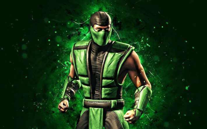 R&#233;ptil, 4k, luzes de n&#233;on verdes, ninja, Mortal Kombat, Reptile Mortal Kombat