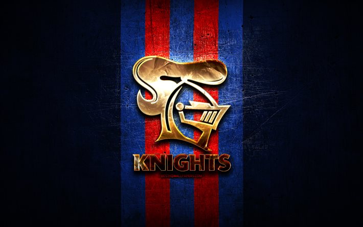 Newcastle Knights, golden logo, National Rugby League, blue metal background, australian rugby club, Newcastle Knights logo, rugby, NRL