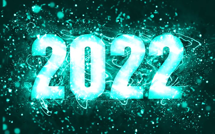 4k, Felice Anno Nuovo 2022, luci al neon turchesi, 2022 concetti, 2022 capodanno, 2022 su sfondo turchese, 2022 cifre dell&#39;anno, 2022 cifre turchesi