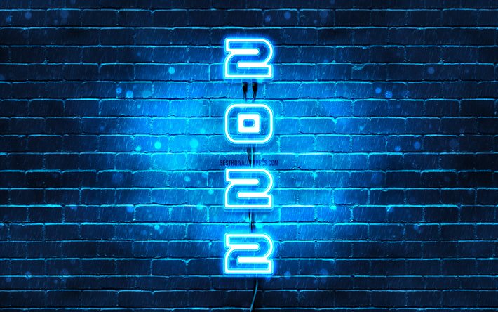 4k, 2022 on blue background, vertical text, Happy New Year 2022, blue brickwall, 2022 concepts, wires, 2022 new year, 2022 blue neon digits, 2022 year digits