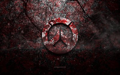 Logotipo do Overwatch, arte do grunge, logotipo da pedra Overwatch, textura da pedra vermelha, Overwatch, textura da pedra do grunge, emblema do Overwatch, logotipo 3d do Overwatch